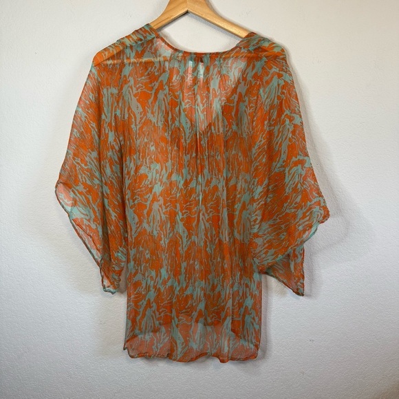 Jet Set 100% Silk Blue Orange V Neck Sheer Dramatic Sleeve Cover Up Top Boho SML - Picture 6 of 11